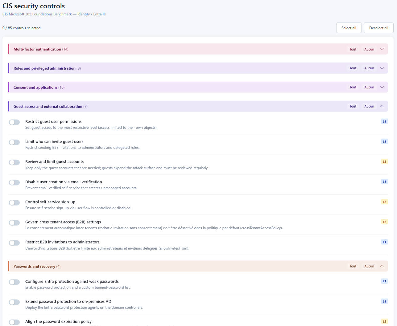 Control catalog grouped by category with level badges